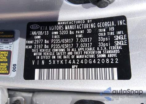 2013 Kia Sorento Lx V6 z USA, uszkodzony, nr VIN 5XYKT4A24DG420822